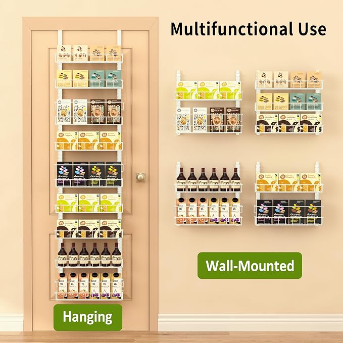 Churboro 9 Tier Over Door Pantry Organizer, 2-in-1 Adjustable Spice Rack | Metal Pantry Door Organizers and Storage, Hanging or Wall Mount Shelves with 9 Adjustable Baskets, 3 Safety Bars, White - Image 7