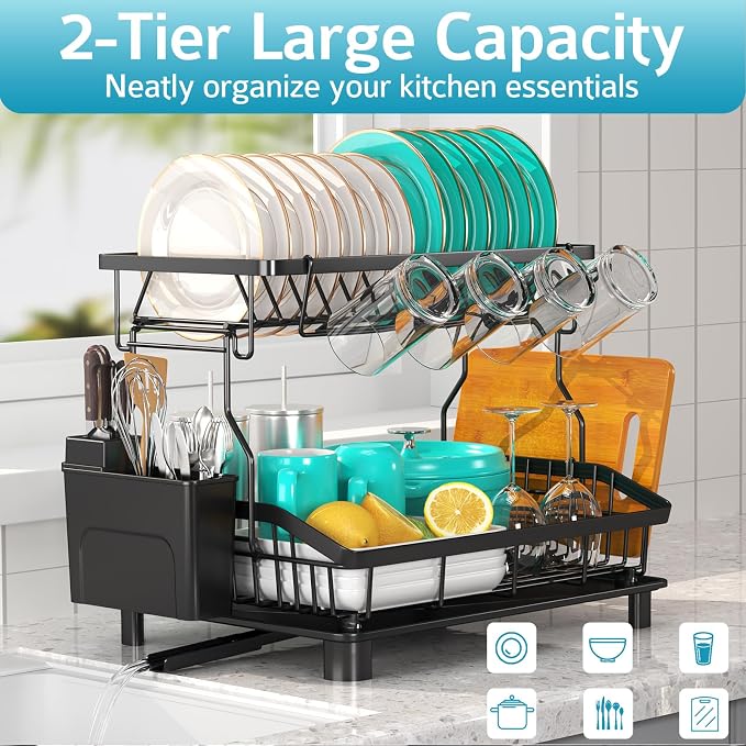 Dish Drying Rack - 2 Tier Large Capacity Dish Rack- Dish Racks for Kitchen Counter with Drainboard, Rustproof Dish Drainer with Removable Utensil Holder,Cutting Board Holder,Cup Holder, Black - Image 7