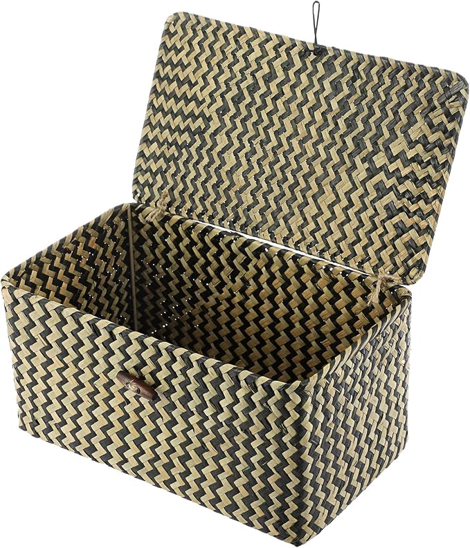 Hipiwe Wicker Shelf Baskets with Lid Seagrass Storage Baskets Handwoven Household Organizer Rectangular Woven Organizer Box for Storage Shelf Wardrobe,Medium - Image 9