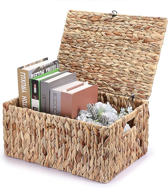 Hipiwe Wicker Storage Basket Bin with Lid, Large Water Hyacinth Baskets Box | Rectangular Decorative Shelf Baskets Bin with Handles Handwoven Household Basket Boxes for Shelf Home Organizing - Image 9