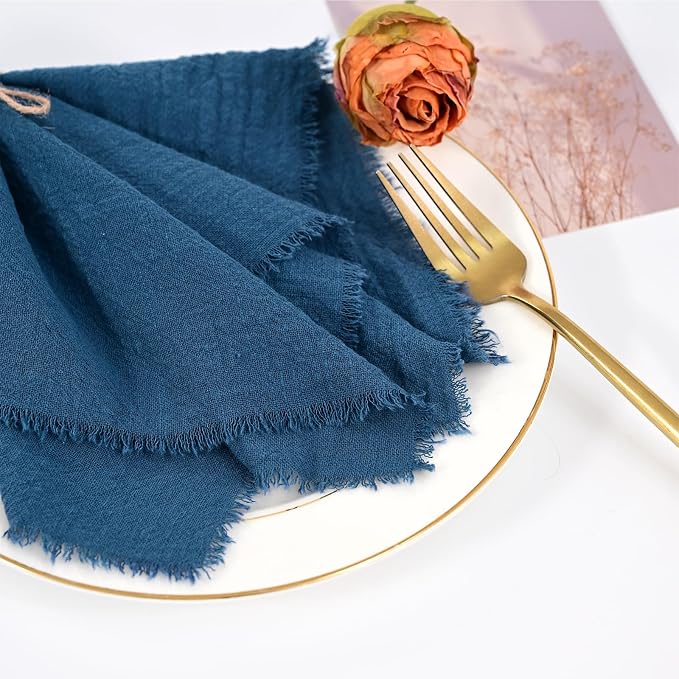 50 Pack Royal Blue Cloth Napkins, 16 x 16 Inch Cotton with Fringe Settings | Handmade washable reusable cotton dinner napkins in bulk for weddings, parties, rustic boho table settings - Image 9