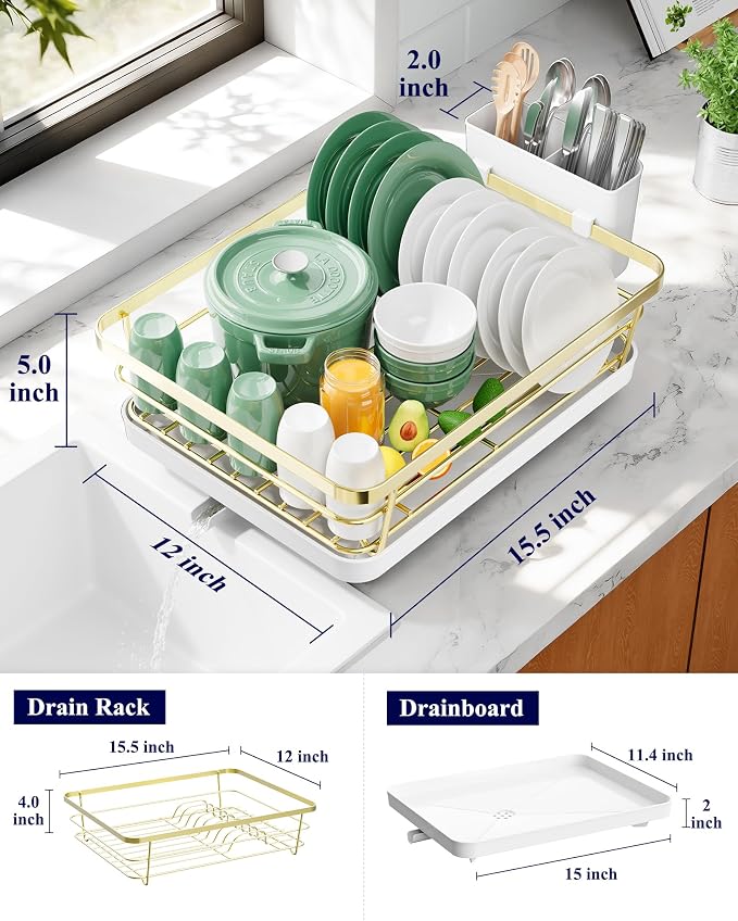 Kitsure Dish Drying Rack for Kitchen Counter, 12''W x 15.5''L, Gold | Stainless Steel Sink Organization, Cutlery Holder, Home and Appartment Decor - Image 2