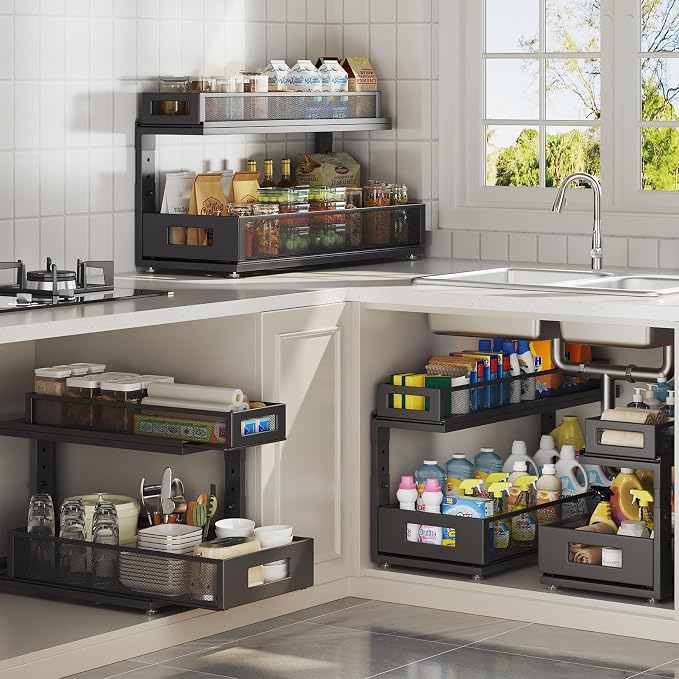 2 Pack 21.3IN-Depth Under Sink Organizer with Next-Gen Ball-Bearing Slides,2-Tier Pull Out Cabinet Storage,Height Adjustable Drawer Shelf for Bathroom,Kitchen,Laundry,Cabinet,Pantry-Black - Image 8