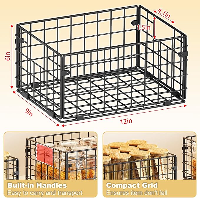 X-cosrack Metal Wire Basket Pantry Baskets Foldable Cabinet Organizers with Handles-6 Pack-12"x9"x6", Food Storage Freezer Organizer Bins for Kitchen Bathroom Laundry Closet Garage - Patent Design - Image 7