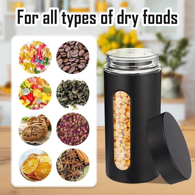 Patelai 6 Pack Kitchen Canisters Set Airtight Stainless Steel Canister Food Storage Container with Window Glass, Coffee Sugar Candy Jars Tea Organizer for Flour Cookies Spice(Black,44 oz) - Image 6