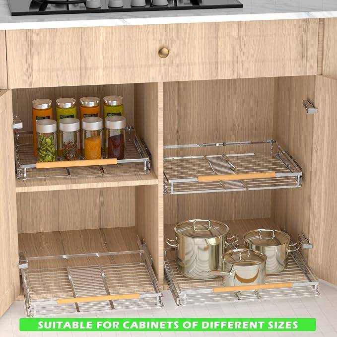 Expandable Pull Out Drawer Cabinet Organizers, Heavy Duty Slide Out Storage Shelf for Home Kitchen Pantry Cupboard Pots Pans, Adjustable Width from 16.2" to 26.2", Stainless 2 Packs - Image 7