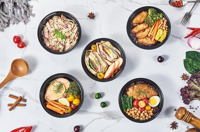 32 oz 50 ct Round Meal Prep Containers with Lids Plastic Food Storage Lunch Plan To Go Box Disposable Take Out Bowls Black BPA Free Reusable Durable Stackable Microwave Freezer Dishwasher Safe - Image 6