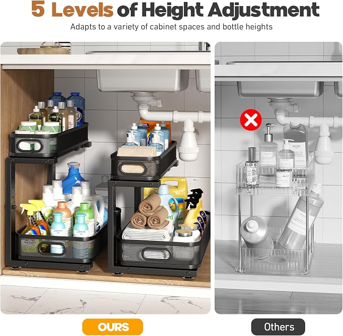 2 Pack 19.3IN-Depth Under Sink Organizer with Smooth Cylindrical Rail,2-Tier Pull Out Multi-Purpose Cabinet Storage for Bathroom&Kitchen,Height Adjustable,Rust-Resistant Coating-Black - Image 8
