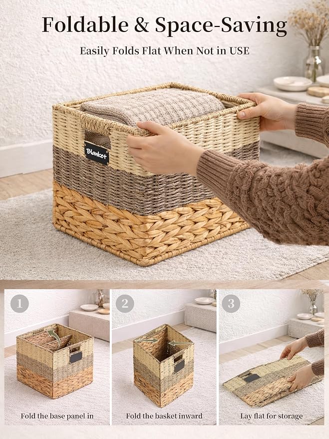 12 Inch Cube Storage Bins, 4 Pack Wicker Storage Baskets, Natural | Water Hyacinth Cubby Baskets, Square Handwoven Storage Bins, Foldable Shelf Baskets with Handles for Home, Organizer, decor - Image 7