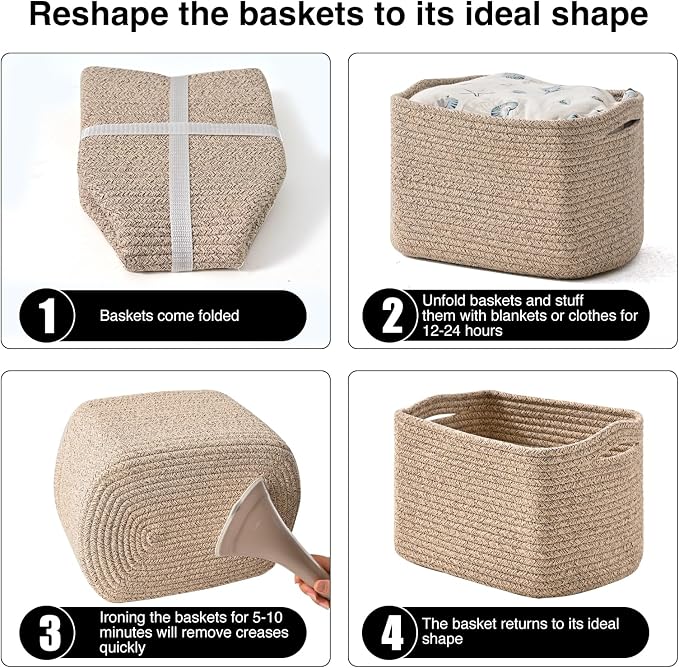 ICERZCZ Small Storage Baskets for Shelves Organizing, Woven Cotton Rope Baskets for Storage, Book Basket, Decorative Shelf Basket, 12.5"Lx9.1''Wx7.9''H (4 Packs) Mixed Brown - Image 7