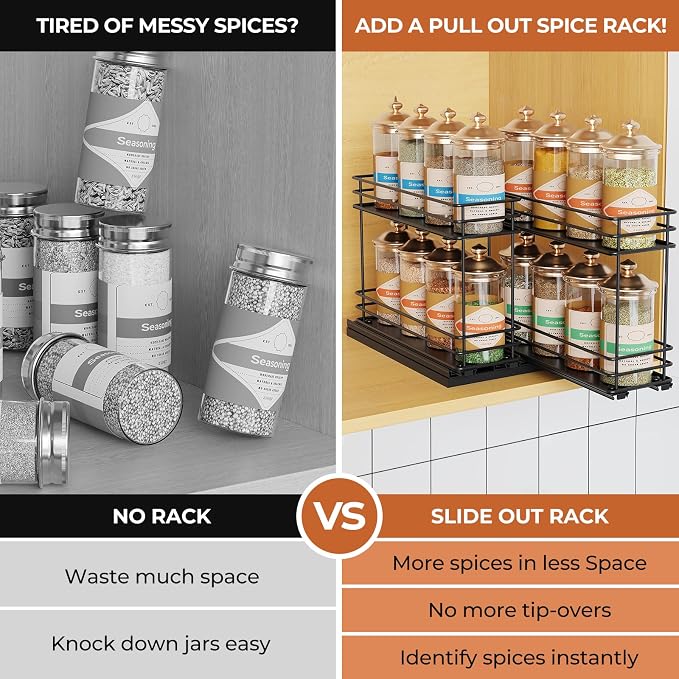 Mystozer Pull Out Spice Rack Organizer for Cabinet, Slide Out Spice Racks, Easy to Install, 7.08" Wx10.43 Dx8.26 H, 2 Drawers 2 Tiers(Black) - Image 8