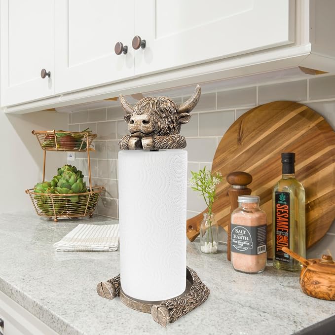 Rustic Highland Cow Paper Towel Holder - Resin Metal Farmhouse Decor Stand | Unique country-style kitchen/dining countertop organizer, adorable animal figurine display, ideal gift, fits standard rolls - Image 9