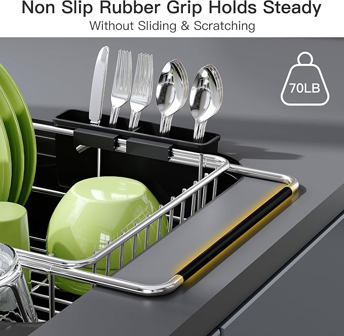 JASIWAY Dish Drying Rack in Sink, Dish Drainer with Cup and Utensil Holder | Over The Sink Expandable Stainless Steel Strainer Dryer Rack for Small Kitchen, Counter Space Saving, Fast Drain, Rustproof - Image 8