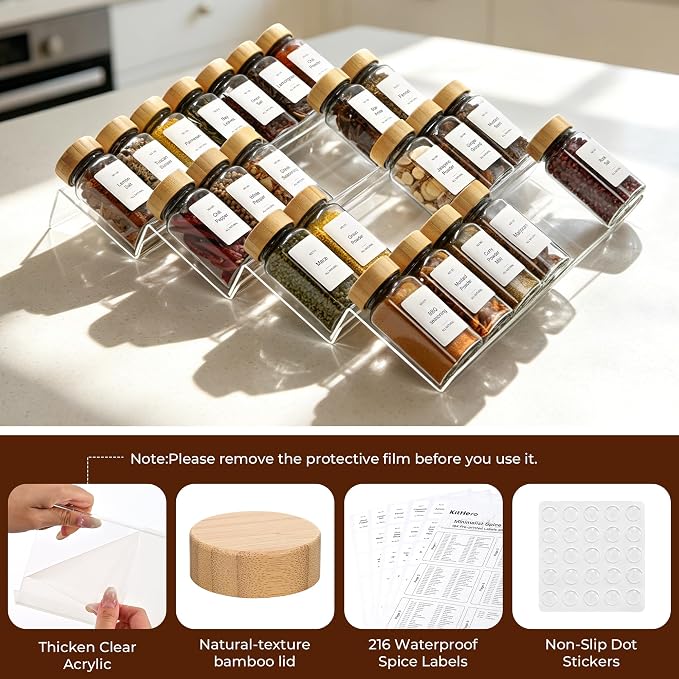 Acrylic Spice Drawer Organizer with 28 Spice Jars and 216 Labels,Non-slip Rubber, 4 Tier Spice Racks Tray Seasoning Containers for Kitchen Drawers,Cabinets,Countertops,13" Wide * 18" Deep - Image 8