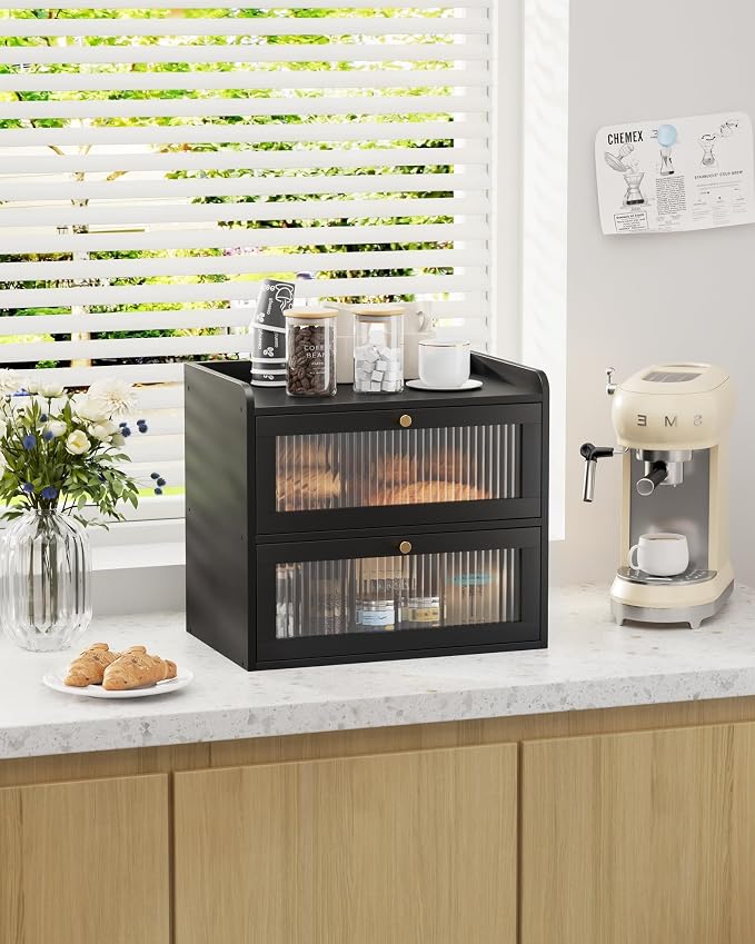 Kitsure Wooden Bread Box for Kitchen Countertop, Large Capacity, Black | 2-Tier Bamboo Bread Container, Bread Storage Container with Magnetic Acrylic Door, Pantry Organizers and Storage for Loaves - Image 8
