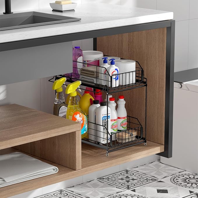 Under Sink Organizers and Storage 2 Pack, 2-Tier Pull Out | Large Black Metal Shelf, Hanging Rail, Kitchen Bathroom Cabinet Organizer, Sliding Storage Drawer for Pantry - Image 7