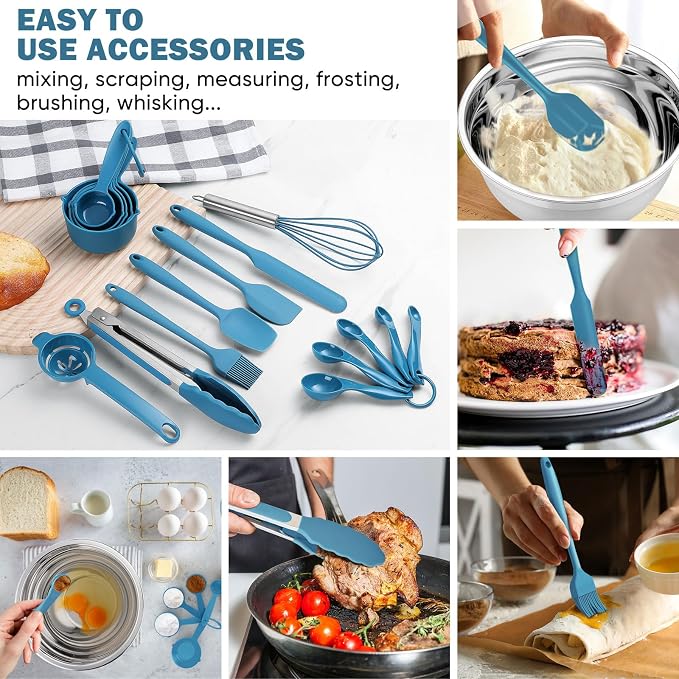 E-far 25PCS Mixing Bowls with Lid Set, Stainless Steel Nesting Prep Bowls with Grater Attachments Non-Slip Bottoms for Cooking, Baking, Serving, Food Storage, 4.6/2.6/2/1.5/1/0.7QT - Blue - Image 7