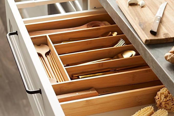 axentia Wood Cutlery Tray - Expandable Bamboo Cutlery Tray Utensil Organiser Flatware Drawer Insert & Divider - 5 to 7 Compartments - Extendable 31 to 48.5cm - Image 10
