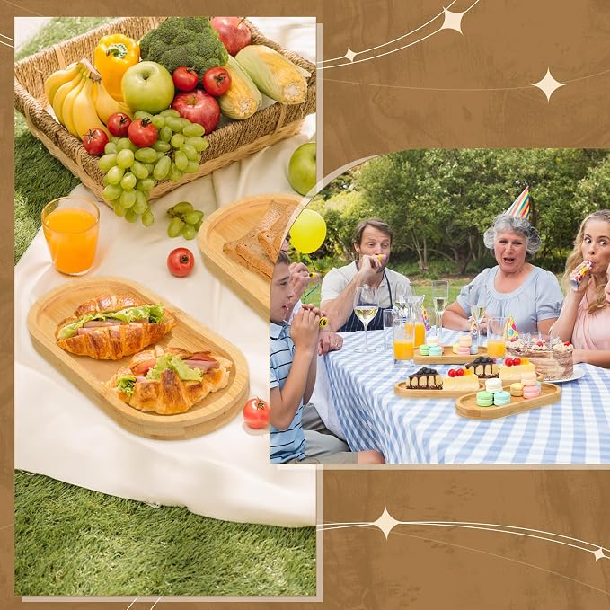 Nuogo 12 Pcs Bamboo Serving Tray 10 x 5 Inch Bamboo Oval Platter Wooden Serving Platter Oval Charcuterie Plates Board Wood Cheese Plate Fruit Wood Tray for Tea Coffee Table Cup Kitchen Dessert Veggie - Image 6