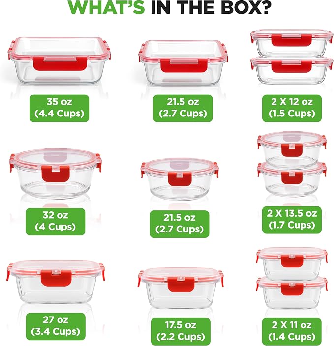 NutriChef 24-Piece Glass Food Storage Containers with Lids - 12 Stackable Heavy Duty Meal Prep Containers w/ 12 Airtight Lids - Microwave, Freezer, & Dishwasher Safe for Food, Snacks, & Fruit-(Red) - Image 7