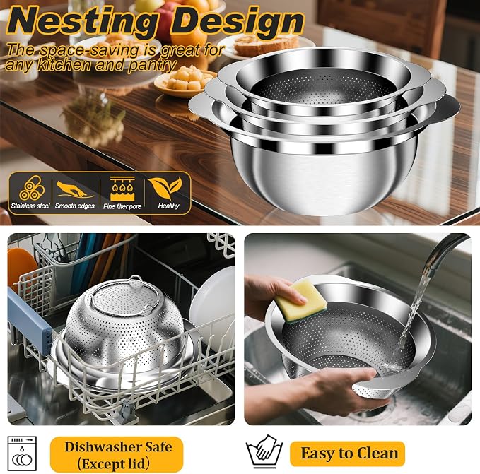 Colander, Stainless Steel Colander with Mixing Bowls (3.5QT), 3Pcs Strainer for Kitchen Gadget Food Strainer Basket with Handle, Colanders Bowl for Pasta Noodles Spaghetti Vegetables Fruit (3.5+3+2QT) - Image 7