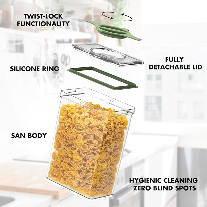 Leakproof Food Storage Container Set with Twist-Lock Lids, 3-Pack BPA-Free Stackable Pantry Canisters for Sugar, Flour, Pasta, Snacks(0.8qt (3.2 Cup), 1.9qt (7.6 Cup), 3qt (12 Cup)- Green - Image 9