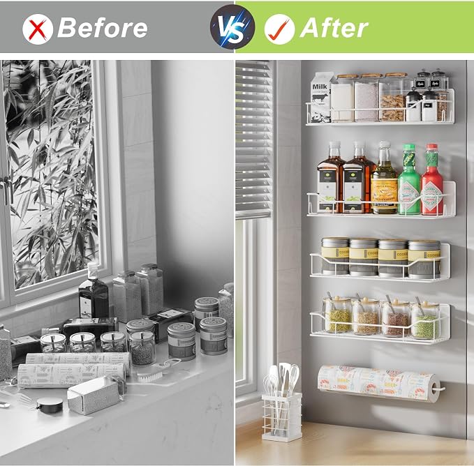 Magnetic Spice Rack for Refrigerator, 6 Pack Strong Magnet Spice Organizer with Paper Towel Holder, Utensil Holder, Moveable Magnetic Fridge Shelf for Kitchen Organization and Storage (White) - Image 7
