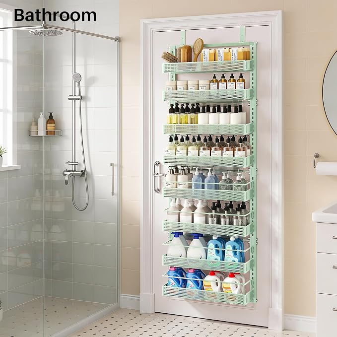 SNTD 8 Tiers Over the Door Organizer, 17" W x 6" D x 69" H, Green | Pantry Door Organizers and Storage, Height Adjustable Spice Rack, Dense Mesh Baskets, Anti-Swing, Adjustable Door Fastener - Image 9