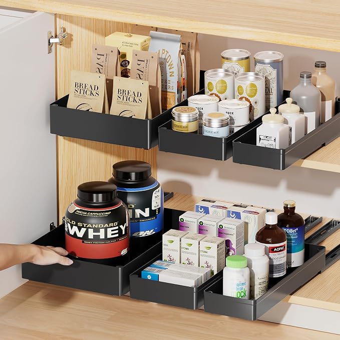 Delamu 3 Pack Pull Out Cabinet Organizer, 15.7" Deep Pull Out Drawers for Cabinets, Slide Out Drawers for Kitchen Cabinets, Bathroom Cabinet Organizer, Pantry (Black) - Image 8