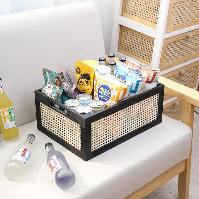 Black Wooden Basket, Rattan Storage Basket for Organizing, 14.96"x11.02"x6.30" - Image 6
