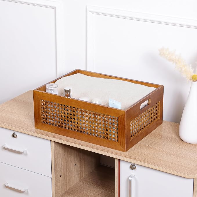 Rattan Wooden Box 14x10x6in Handmade Decorative Storage Basket with Handles | Natural Bamboo Woven Storage Basket Rustic Farmhouse Decor Home Office Tabletop Shelf Drawer Closet Desk Organizer, Brown - Image 9