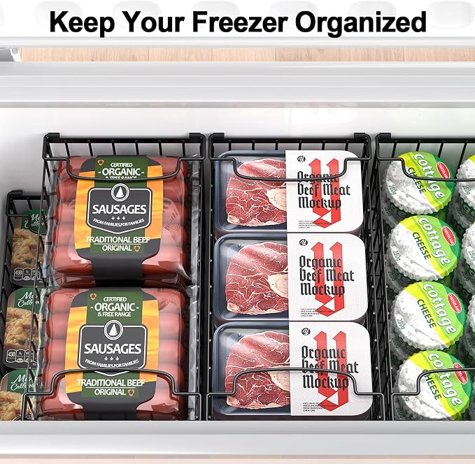 Freezer Organizer Bins, 4 Pack Big Baskets for 5/ 7 Cu.FT Deep Freezer | Stackable Chest Freezer Organizer Bins, Foldable Baskets with Handles, Black Storage Container Baskets for Sort Frozen Meats - Image 8