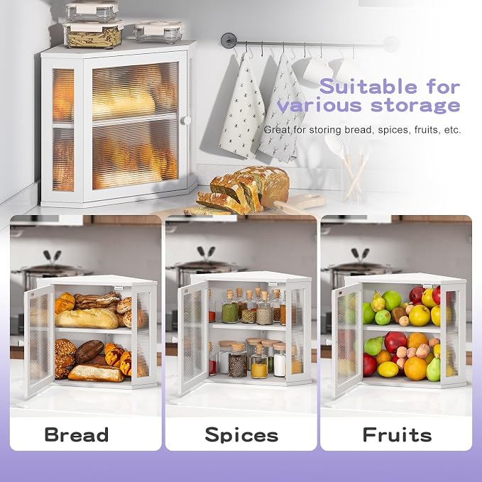 Corner Bread box for Kitchen Countertop,Farmhouse Bread Box with Acrylic Wavy Door Panel,Large Bread box for kitchen countertop,Kitchen Countertop Food Storage Container (White, Meduim) - Image 7
