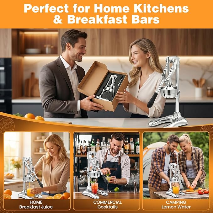 Stainless Steel Manual Citrus Juicer Heavy-Duty Lever Press | Strainer and Stable Countertop Base, Hand Juice Squeezer for Oranges, Lemons, Grapefruits, Cast Iron Juicer - Image 9