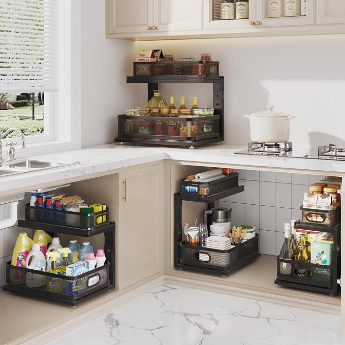 2 Pack Under Sink Organizer With Next-Gen Ball-Bearing Slides,2-Tier Precision Mesh Pull Out Cabinet Shelf Storage for Bathroom&Kitchen,Slide Out Drawers Height Adjustable,Rust-resistant - Image 8