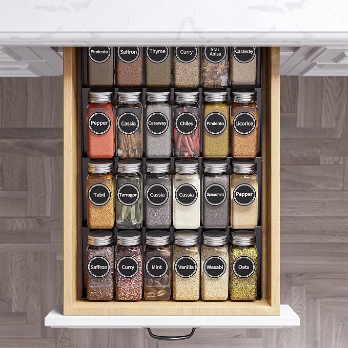 SpaceAid Pull Out Spice Rack Organizer for Cabinet, 2 Drawers 2-Tier, 24 Pcs Spice Jars with Labels - Image 8