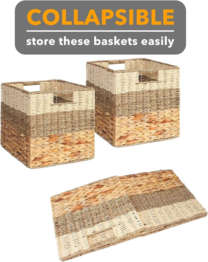 SpaceAid 4 Pack 3 Pattern Design Wicker Basket, Baskets for Organizing, Storage Rattan Basket with Handles for Shelves, Woven Cube Storage Bin Organizer, 12x12x12 inch, Natural - Image 7