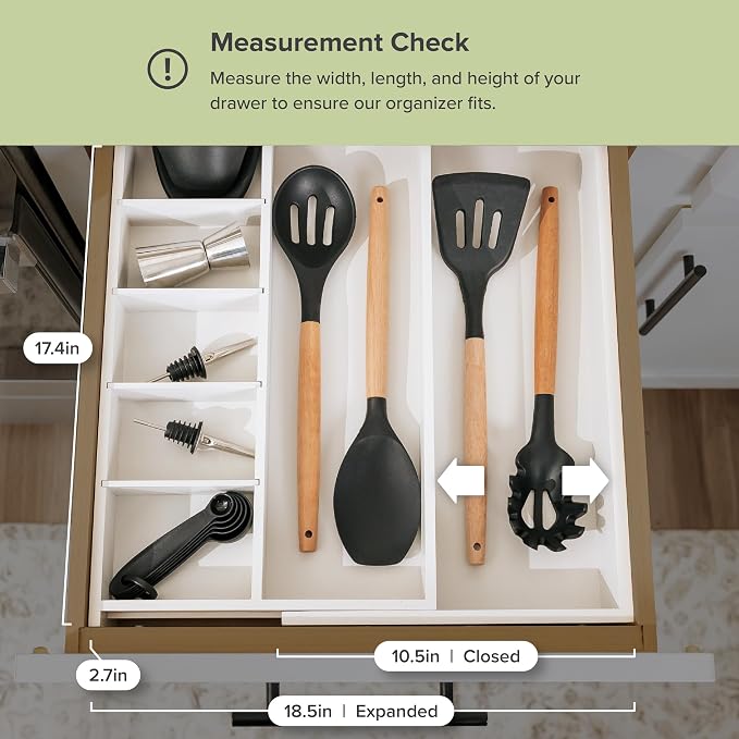 Utensil & Junk Drawer Organizer, 10.5-19 in, White Bamboo | Food-safe contract grade, 100% sustainable wood, non-slip, adjustable - Image 7