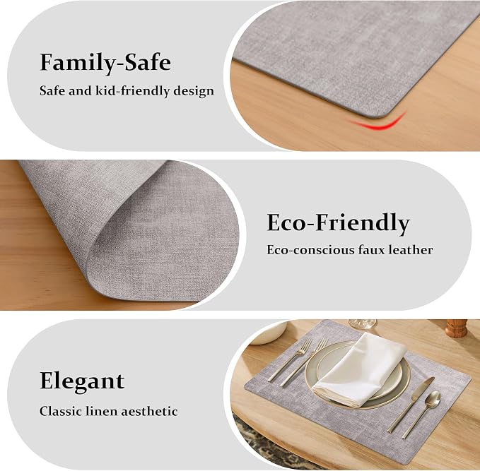 FROMHEART Faux Leather PU Placemats Set of 4 (Light Grey,11.8" x 17") | Waterproof,Heat/Oil Stain-Resistant Table Mat–Reversible,Non-Slip,Easy to Clean Place Mats for Kitchen,Dining,Indoor/Outdoor - Image 7