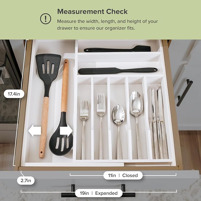 Silverware & Utensil Drawer Organizer, 10.5-19 in, White Bamboo | Cutlery, flatware, food-safe contract grade, kitchen drawer fit - Image 7