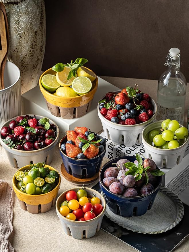 Gomakren Ceramic Berry Bowl Set of 2, Fruit Containers for Fridge, Gray | Drain Holes Keep Berries Fresh, Stackable, Wash & Serve | 5.8In Round Strawberry Grape Cherry Basket, Farmhouse Kitchen Decor - Image 9