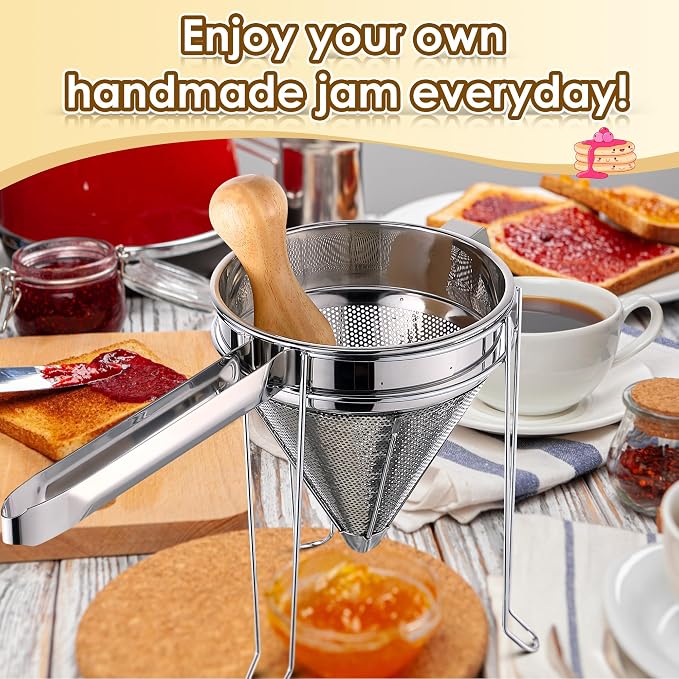 Feekoon Stainless Steel Chinois Strainer with Stand and Wooden Pestle Set, China Cap Strainer for Tomato, Berry, Fruit, Egg, Soup and Other Canning Jam Making Supplies, 15.35 x 7.67 x 7.28 inch - Image 7
