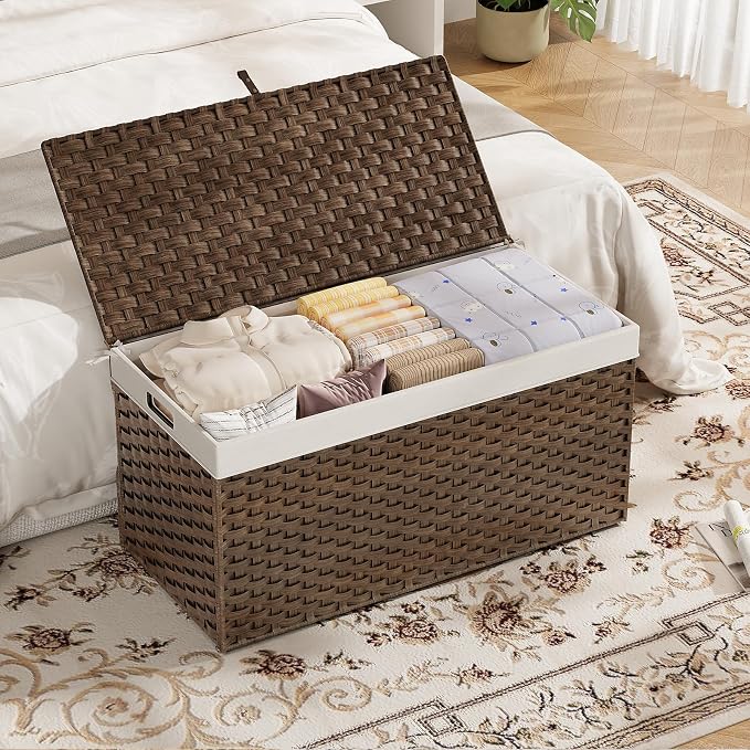 HOOBRO Storage Basket with Lid, 52.8 Gallon (200L) Wicker Basket, Handwoven Blanket Storage Basket with Handles, Metal Frame and Soft Lining, Foldable for Bedroom, Laundry Room, Brown BR220CW01 - Image 9
