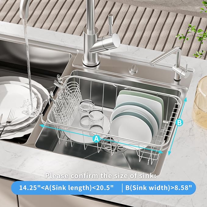 JAQ Over Sink Dish Drying Rack for Small Sink, Compact Expandable 14.25"–22.44", Adjustable 304 Stainless Steel Dish Drainer with Utensil Holder, Space Saving for Small Kitchen - Image 7