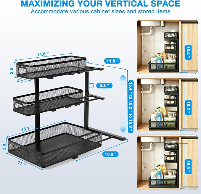 Under Sink Organizer,3-Tier Thickened Metal Pull out Cabinet OrganizerShelf | Height Adjustable Slide out Storage Drawer Rack for under sink organizer bathroom Kitchen,Laundry Room & Pantry - Image 8