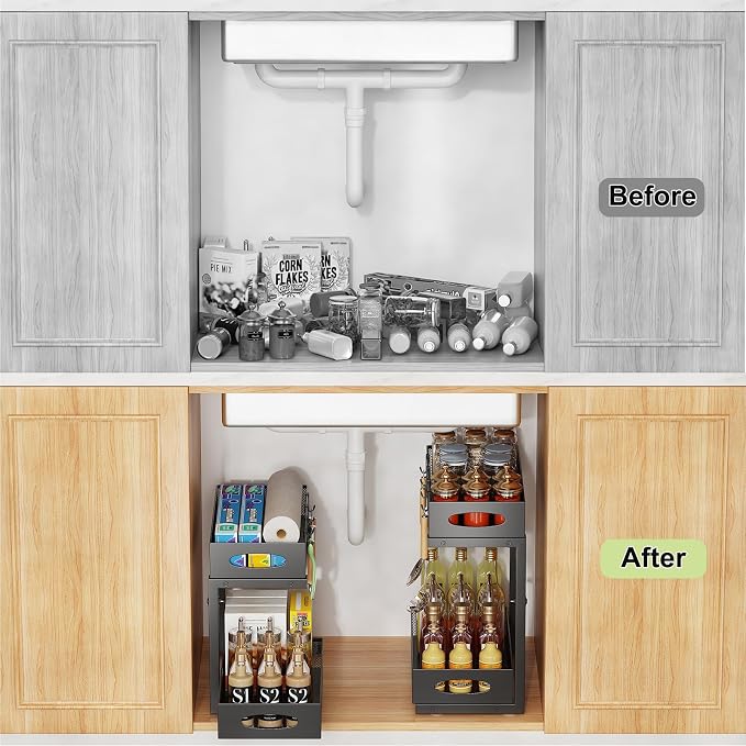 2-Pack Under Sink Organizer, 2-Tier Pull Out Cabinet Storage, Black | Rustproof Carbon Steel, Mesh Sliding Drawers, 5-Level Height Adjustable to Bypass Pipes, for Kitchen, Bathroom, Laundry - Image 9