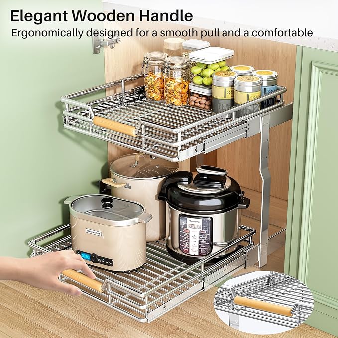 Pull out Cabinet Organizer, 2 Tiers 15"W X 21"D, Heavy Duty Smooth Sliding Under Cabinet Shelves for Pots and Pans, Full-Extension Roll out Drawers, Slide out Organization for Home Kitchen Pantry - Image 10