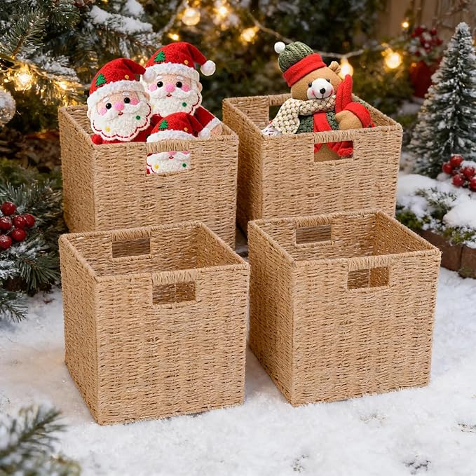 Foldable Storage Baskets with Handles, 11x11x11 Inch, 4 Pack | Paper Rope Square Storage Cubes Bins for Shelves, Living Room, Bedroom, Pantry - Image 8