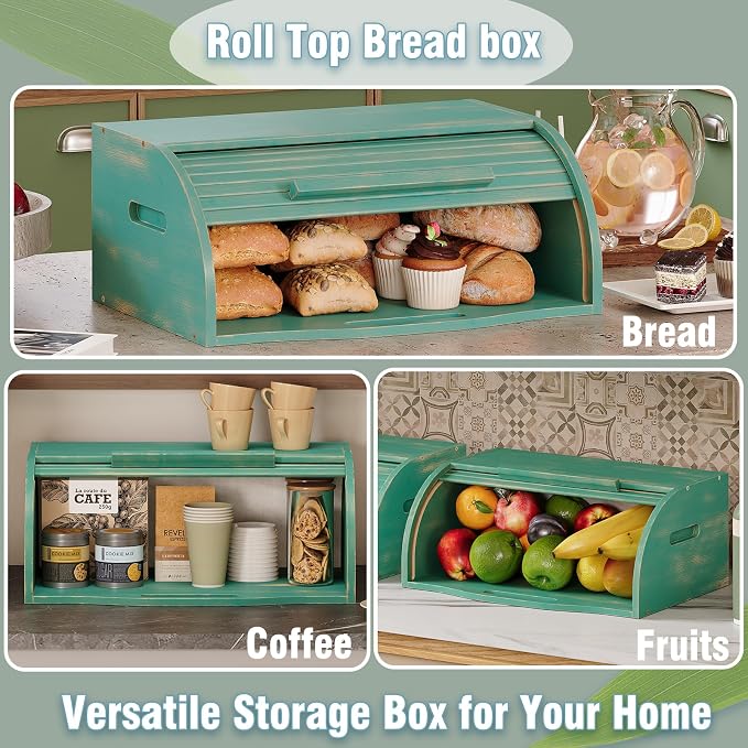 Trironsun Bamboo Roll Top Bread Box for Kitchen Countertop Large Capacity Bread Storage Bin Wooden Bread Storage Organizer Natural Breadbox for Food Storage (Antique Blue) - Image 8
