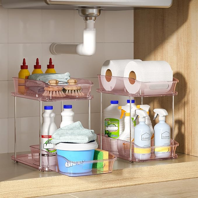 Delamu 2-Tier Under Sink Organizers and Storage, Multi-Purpose Stackable Bathroom Cabinet organizers, Pull Out Kitchen Pantry Organization and Storage with Dividers(2 Pack, Pink) - Image 9